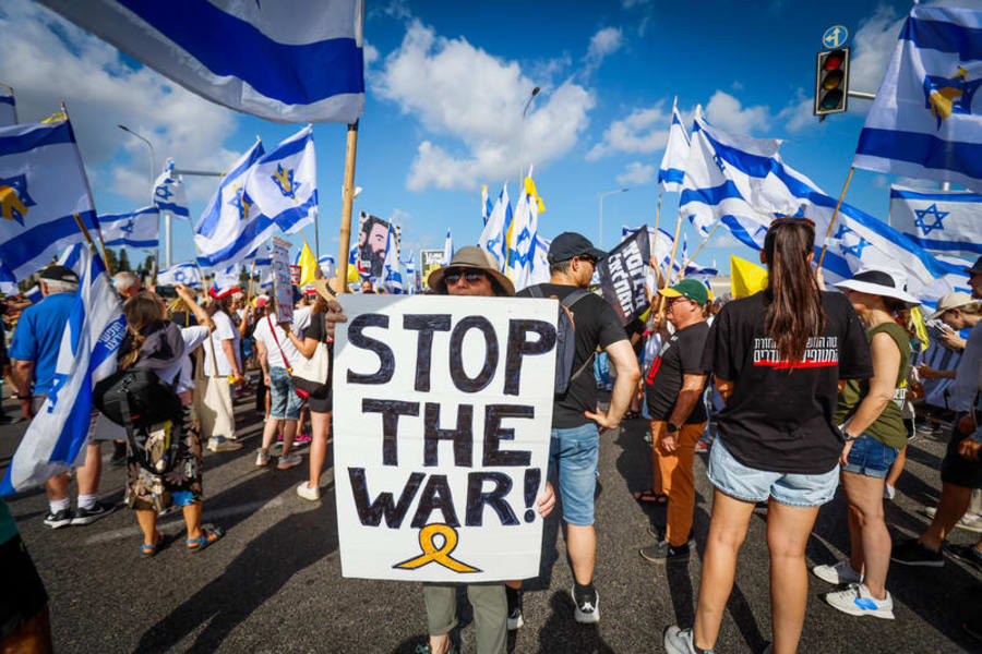 Israelis block road 531 while attending a protest calling for the release of the Israeli hostages held by Hamas in Gaza, Aug. 26, 2025. Photo by Tal Gal/Flash90