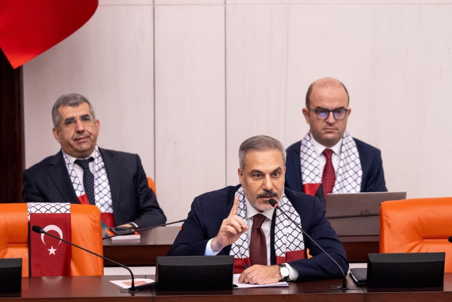 Turkish Foreign Minister Hakan Fidan speaks during an extraordinary parliamentary session on Israel's attacks on Gaza, at the Turkish Parliament in Ankara, Turkey, August 29, 2025. (Photo: Turkish Foreign Ministry/Handout via REUTERS)