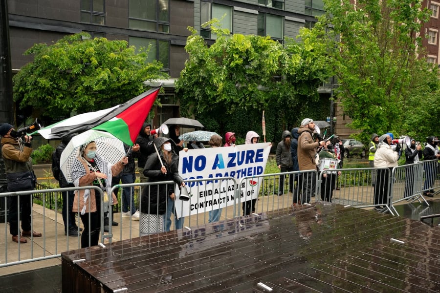 Demonstrators rally in support of Palestinians in Gaza outside of the Microsoft Build conference, during the ongoing conflict between Israel and the Palestinian Islamist group Hamas, to call for the termination of Microsoft’s Azure contracts with Israel in Seattle, Washington, U.S., May 21, 2024. (Photo: REUTERS/David Ryder)