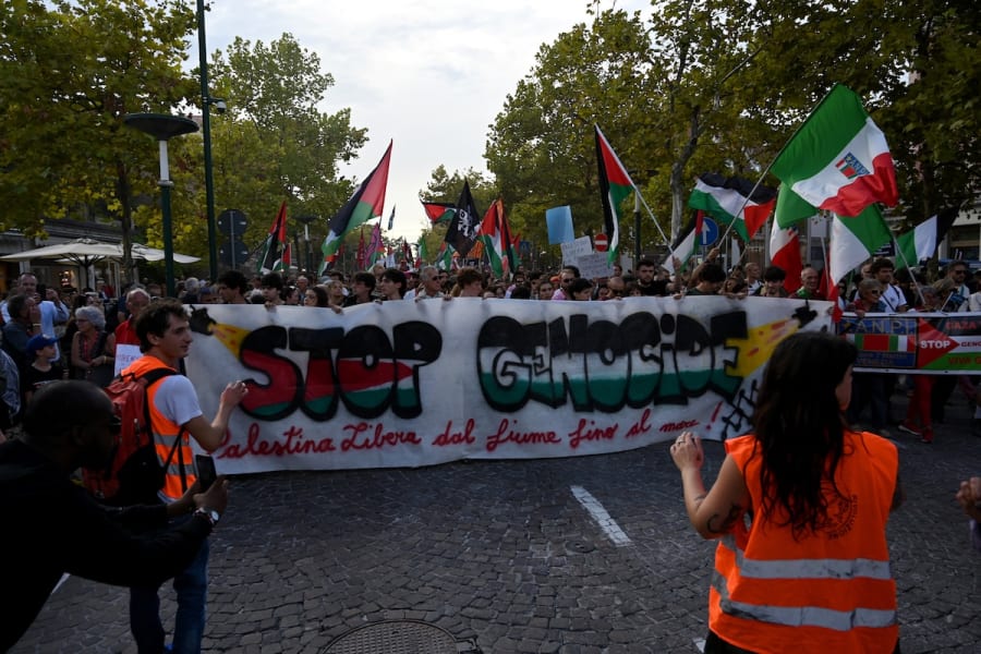 Pro-Palestinian activists protest against Israel at the Venice Film Festival, Aug. 30, 2025. (Photo: Stefanie Rex/dpa via Reuters)