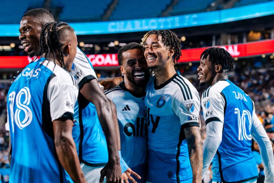 Charlotte FC forward Idan Toklomati celebrating with team-mates, September 14 2025. (Photo: Charlotte FC)