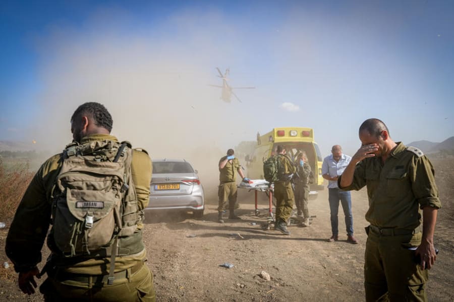 Rescue personnel evacuate an Israeli man who was severly injured when an anti-tank missile fell in Kfar Yuval in the Upper Galilee, September 1, 2024. (Photo: Ayal Margolin/Flahs90)