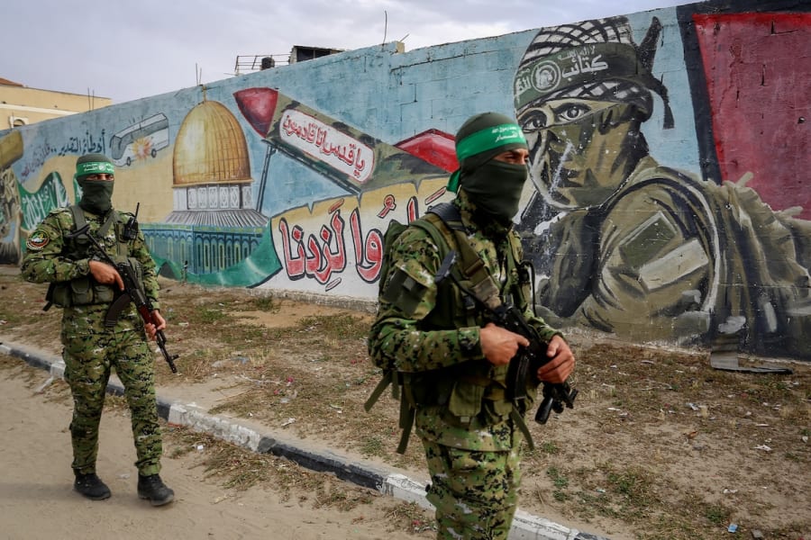 Palestinian members of Izz ad-Din al-Qassam Brigades, the armed wing of the Hamas movement seen during a patrol in Rafah, in the southern Gaza Strip, April 27, 2020. (Photo: Abed Rahim Khatib/Flash90)