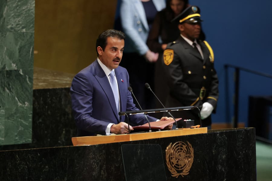 Qatar's Emir Sheikh Tamim bin Hamad Al Thani speaks during the 80th United Nations General Assembly, in New York City, New York, U.S., September 23, 2025. Photo: Reuters Connect by Jeenah Moon