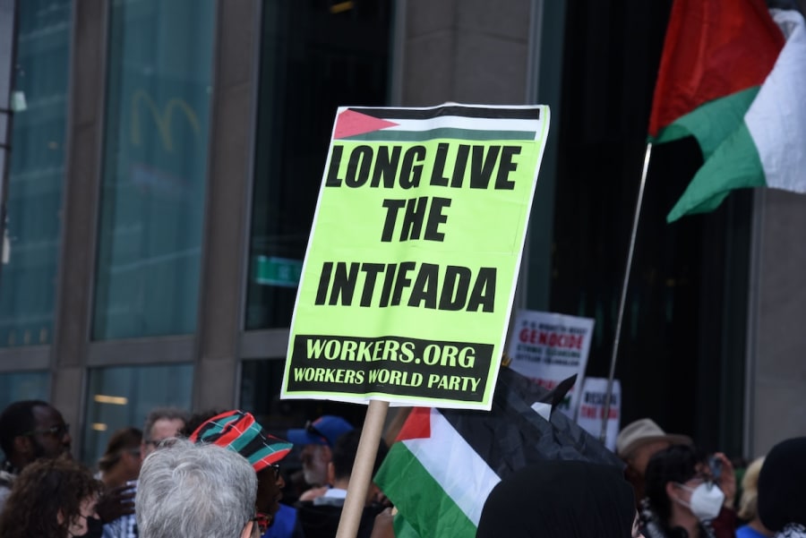 Anti Israel protesters protest in midtown, on 6th avenue, on the second anniversary of Hamas' Oct. 7, 2023 terror attack, October 7, 2025 in New York City (Photo: Darla Khazei/INSTARimages via Reuters)