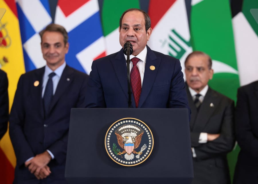 Egyptian President Abdel Fattah el-Sisi delivers remarks following the official signing of the first phase of the Gaza ceasefire agreement between Israel and Hamas, during a world leaders' summit on ending the Gaza war, in Sharm El-Sheikh, Egypt, October 13, 2025. (Photo: Evelyn Hockstein/Reuters)