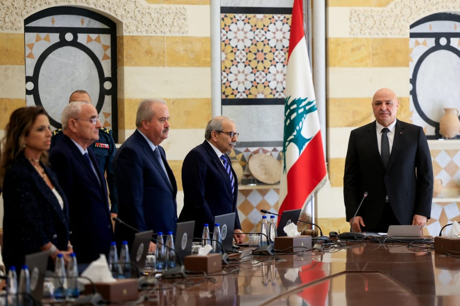 Lebanese President Joseph Aoun, Prime Minister Nawaf Salam and members of the cabinet stand as they attend a cabinet session to discuss the army's plan to disarm Hezbollah, at the Presidential Palace in Baabda, Lebanon, September 5, 2025. Photo: Reuters by Mohamed Azakir