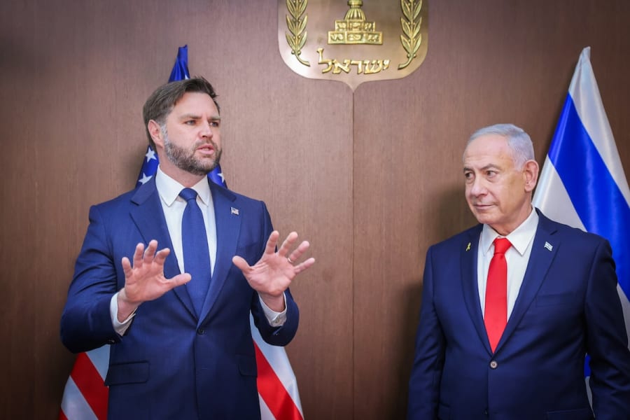 Israeli Prime Minister Benjamin Netanyahu holds a press conference with U.S. Vice President JD Vance at the Prime Minister's office in Jerusalem, Oct. 22, 2025. (Photo: Marc Israel Sellem/POOL)