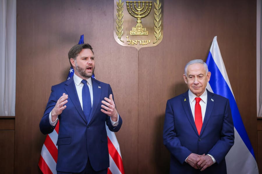 Israeli Prime Minister Benjamin Netanyahu holds a press conference with U.S. Vice President JD Vance at the Prime Minister's office in Jerusalem, Oct. 22, 2025. Photo by Marc Israel Sellem/POOL