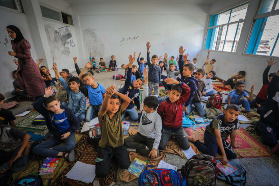 Palestinian children return to school following the ceasefire between Israel and Hamas in Gaza City, October 26, 2025. Photo by Ali Hassan/Flash90