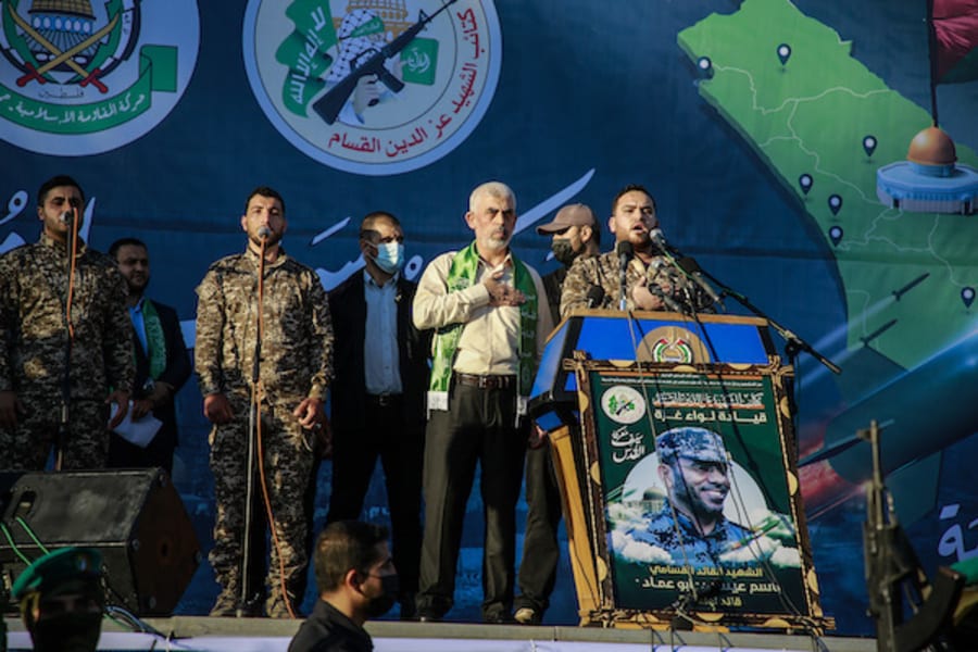Yahya Sinwar, leader of the Palestinian Hamas movement in Gaza, gestures on stage during a rally in Gaza City, May 24, 2021. (Photo: Atia Mohammed/Flash90)