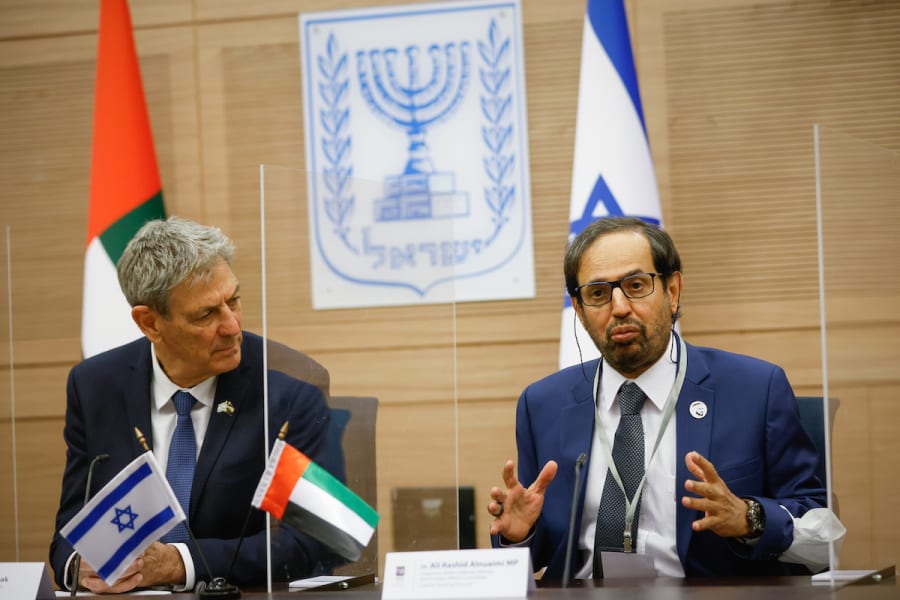 Ali Rashid al Nuaimi, chairman of the Defense, Interior and Foreign Affairs Committee in the United Arab Emirates with Foreign Affairs Committee Ram Ben Barak at the Defense and Foreign Affairs Committee in the Knesset on Feb. 7, 2022. (Photo: Olivier Fitoussi/Flash90)