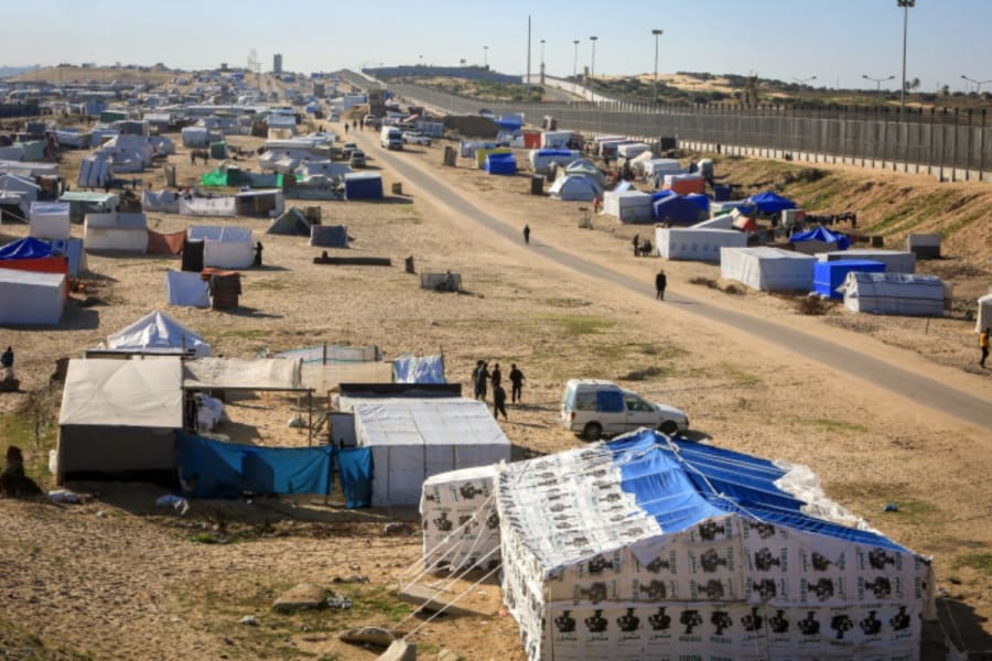 Displaced Palestinians pitch their tents next to the Egyptian border with the city of Rafah in the southern Gaza Strip, on March 8, 2024. (Photo: Abed Rahim Khatib/Flash90)