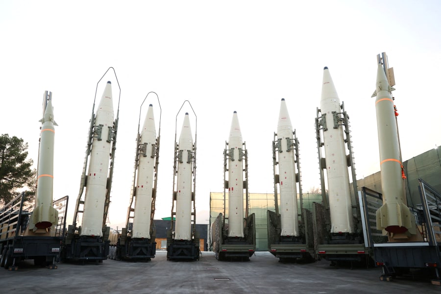 Iranian ballistic missiles are displayed during the ceremony of joining the Armed Forces, in Tehran, Iran, Aug. 22, 2023. (Photo: Iran's Presidency/WANA/Handout via REUTERS)