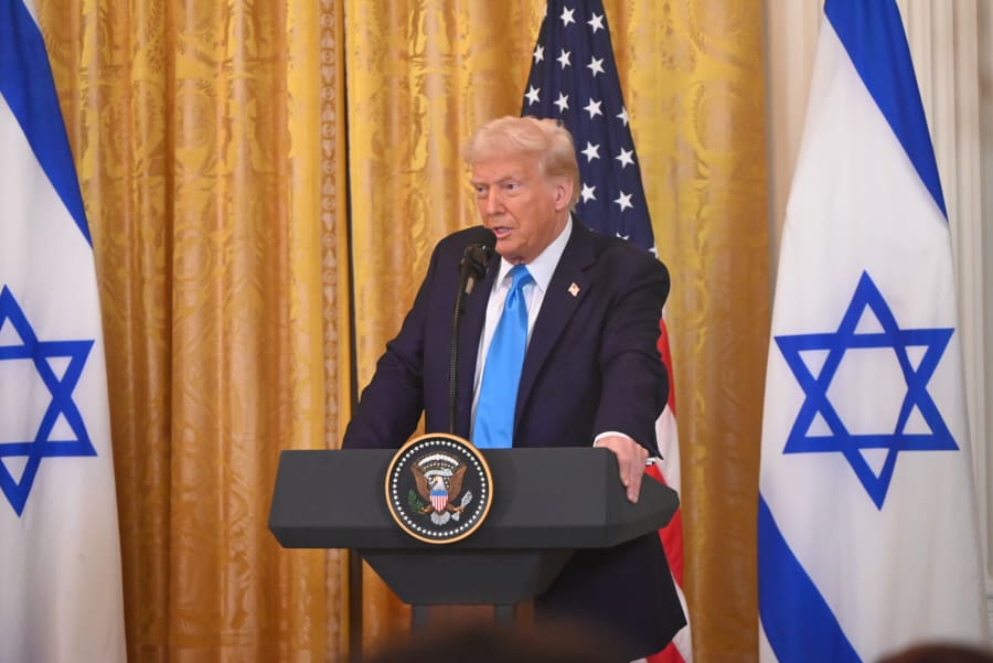 President of the United States Donald J. Trump attends a press conference with Prime Minister of Israel Benjamin Netanyahu in the East Room of the White House in Washington, DC, February 4, 2025. (Photo: Kyle Mazza/NurPhoto via Reuters)