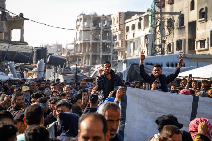 Palestinians take part in an anti-Hamas protest, calling to end the war with Israel, in Beit Lahia, in the northern Gaza Strip, March 26, 2025. (Photo: Flash90)