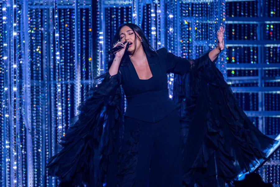 Yuval Raphael from Israel with the title "New Day Will Rise" on stage at the second semi-final of the 69th Eurovision Song Contest in the Arena St. Jakobshalle, Basel, Switzerland, Basel, May 15, 2025. (Photo: Jens Büttner/dpa)