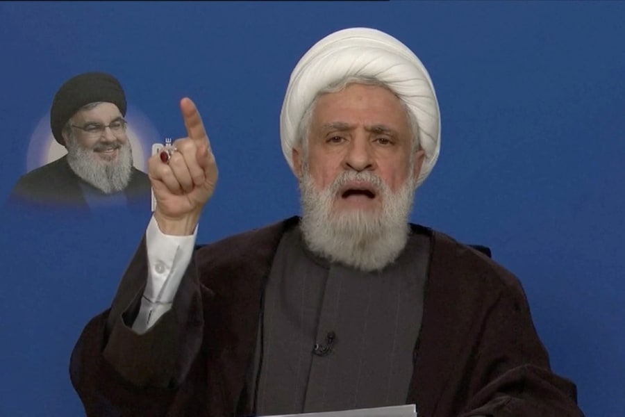 Lebanon's Hezbollah leader Sheikh Naim Qassem delivers an address from an unknown location, Jan. 27, 2025. (/Screenshot/Al Manar TV/Reuters TV via REUTERS)
