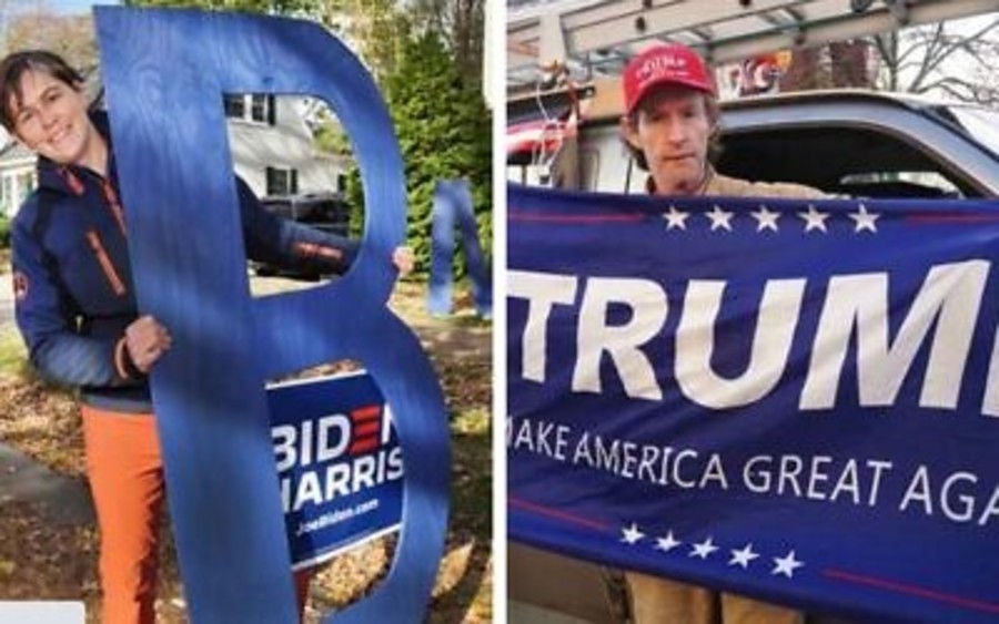 Pip Clews of Portsmouth, left, led her neighborhood in spelling out support for the Biden-Harris ticket. "Irish Mike" Haran, right, is known for showing his support for President Donald Trump in downtown Portsmouth. (Photo: Reuters)