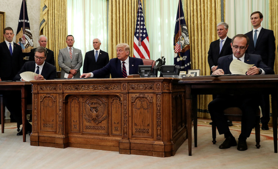 U.S. President Donald Trump speaks hosts a signing ceremony with Serbia's President Aleksandar Vucic and Kosovo's Prime Minister Avdullah Hoti at the White House in Washington, U.S., September 4, 2020. REUTERS/Leah Millis