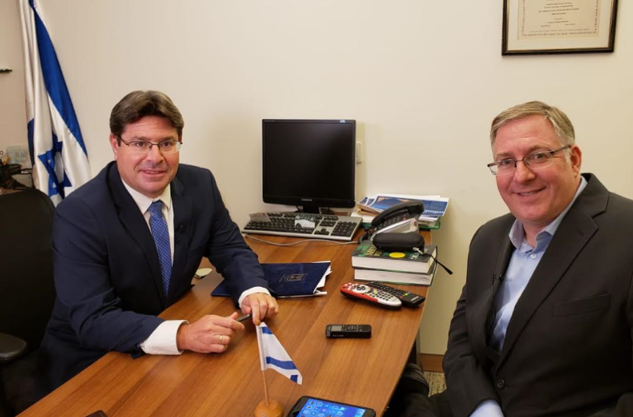 Editor-in-chief Joel C. Rosenberg interviews Israeli Minister of Regional Cooperation Ofir Akunis at the Knesset on Sept. 7, 2020. (photo credit: All Israel News staff)