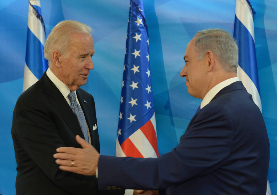 Israeli Prime Minister Benjamin Netanyahu meets with then US Vice President Joe Biden at the Prime Minister's Office in Jerusalem, on March 9, 2016, during Biden's official visit to Israel and the Palestinian Authority. (Photo by Amos Ben Gershom/GPO)