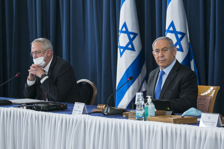 Israeli prime minister Benjamin Netanyahu and Alternate Prime Minister and Minister of Defense Benny Gantz at the weekly cabinet meeting, at the Ministry of Foreign Affairs in Jerusalem on June 28, 2020. Photo by Olivier Fitoussi/Flash90
