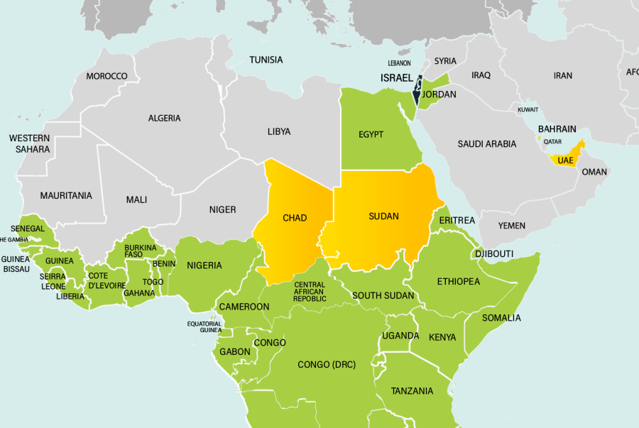 Map of Middle East and North Africa marking countries with diplomatic ties with Israel (in green), including the new additions (in yellow).