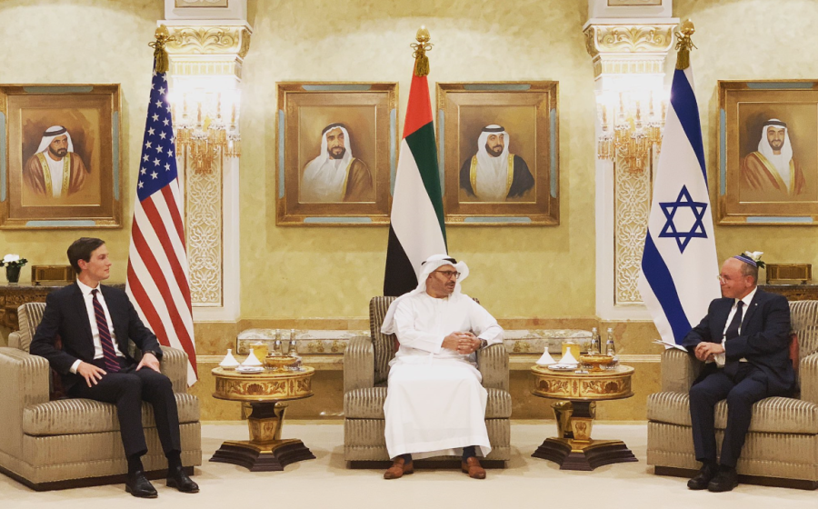 UAE Foreign Minister Gargash welcomes Israel's National Security Advisor and Jared Kushner in Abu Dhabi. (photo credit: US Embassy in the UAE Twitter feed)