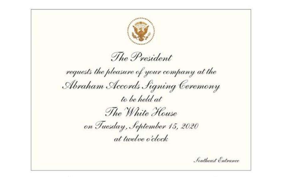 White House invitation to Abraham Accords signing ceremony to be held Sept. 15, 2020.
