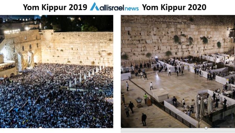 Left photo: Thousands attend forgivness prayer (Selichot), at the Western Wall in the Old City of Jerusalem early on October 8, 2019, prior to the upcoming Jewish Day of Atonement, Yom Kippur. Photo by Yonatan Sindel/Flash90
Right photo: Jewish men pray for forgivness (Selichot), at the Western Wall, in Jerusalem's Old City on September 26, 2020. Photo by Yonatan Sindel/Flash90