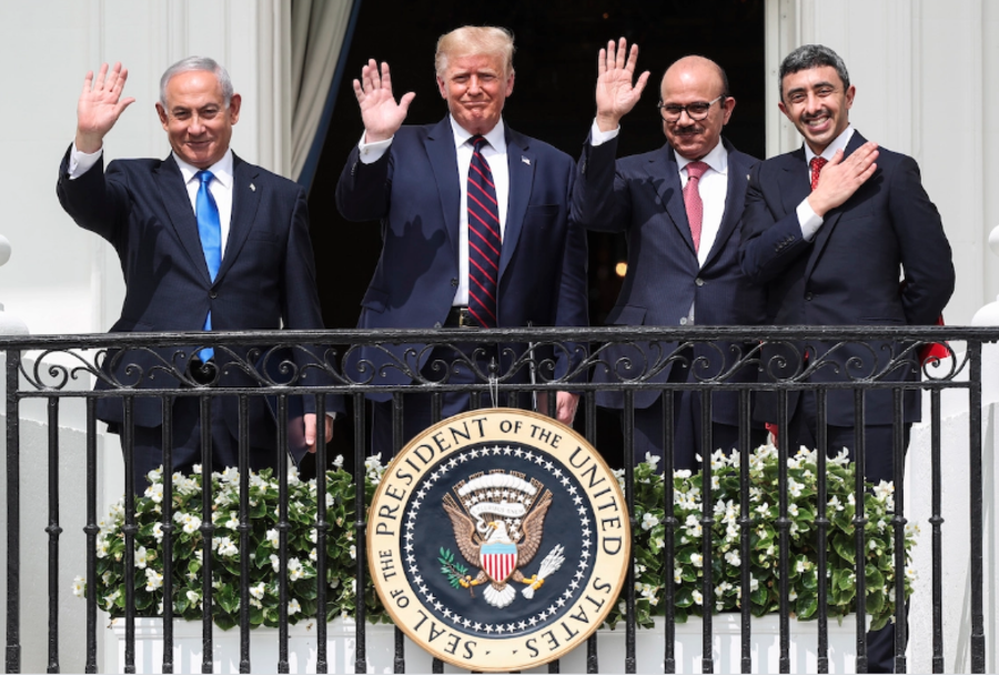 Israel's Prime Minister Benjamin Netanyahu, U.S. President Donald Trump, Bahrain's Foreign Minister Abdullatif Al Zayani and United Arab Emirates (UAE) Foreign Minister Abdullah bin Zayed wave from the White House balcony after a signing ceremony for the Abraham Accords, on the South Lawn of the White House in Washington, D.C., Sept. 15, 2020. (Photo: REUTERS/Tom Brenner)