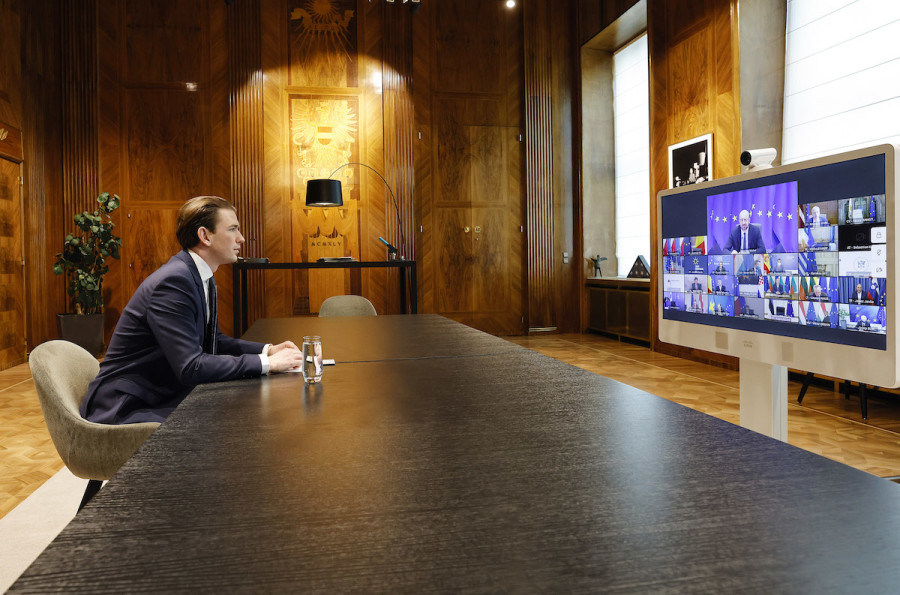 Austrian Chancellor Sebastian Kurz in virtual meeting with other EU member states, discussing a digital green passport similar to Israel (Photo: Twitter)