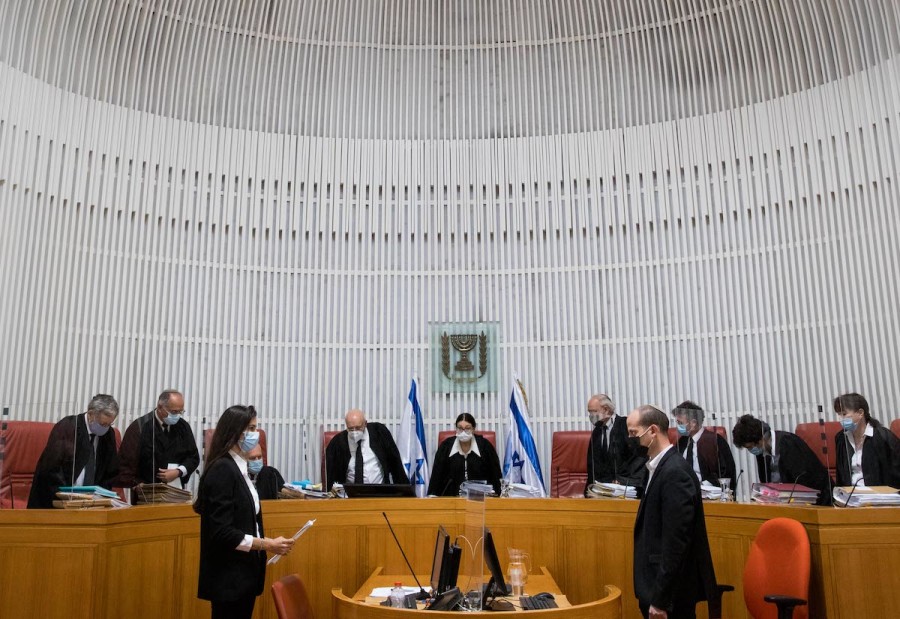 Illustrative - Israeli Supreme Court President Esther Hayut and Supreme Court justices arrive to petitions against the Jewish Nation-State Law, at the Supreme Court in Jerusalem on Dec. 22, 2020. (Photo: Yonatan Sindel/Flash90)