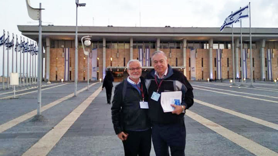 Avi Lipkin (R) and David Friedman of The Bible Bloc Party in front of the Knesset. (Photo courtesy)