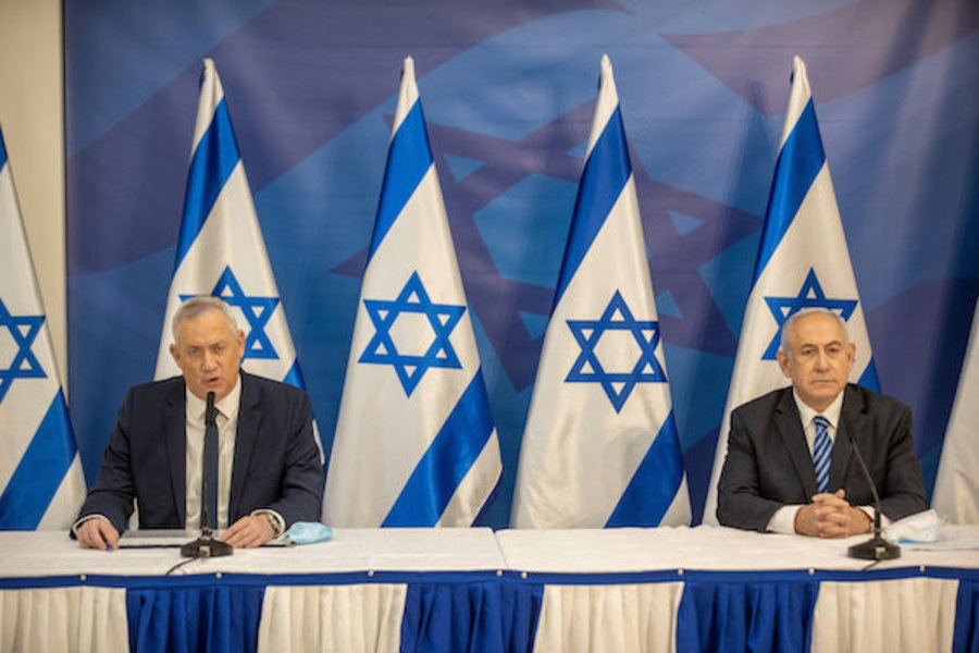 Israeli Prime Minister Benjamin Netanyahu and Alternate Prime Minister and Minister of Defense Benny Gantz hold a press conference in Tel Aviv on July 27, 2020. (Photo: Tal Shahar/POOL)