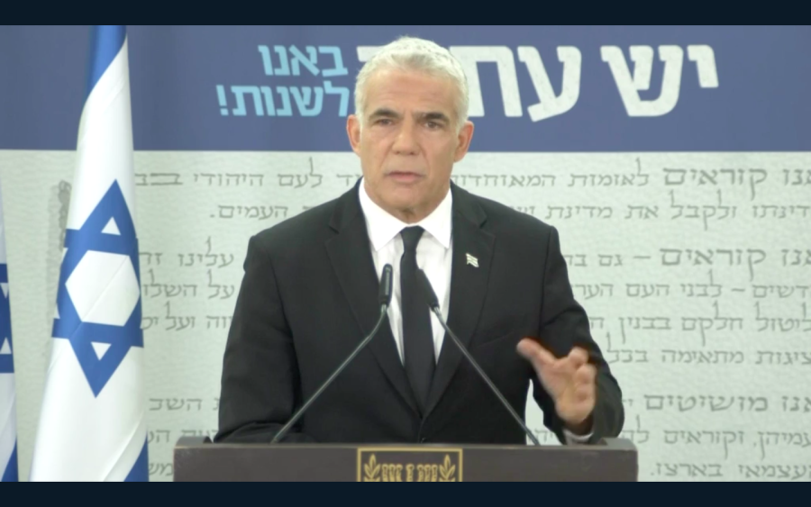 Yesh Atid leader Yair Lapid at a news conference calls for a stable unity government, April 18, 2021. (Photo: screenshot)