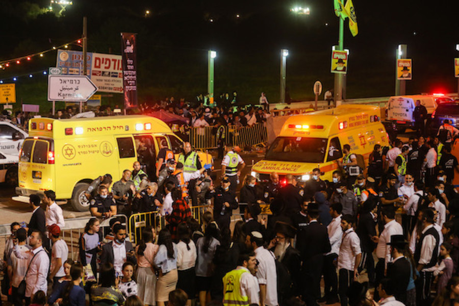 Israeli rescue forces and police at the scene after a mass fatality scene during the celebrations of the Jewish holiday of Lag B'Omer on Mt. Meron, in northern Israel on April 30, 2021. (Photo: David Cohen/Flash90)