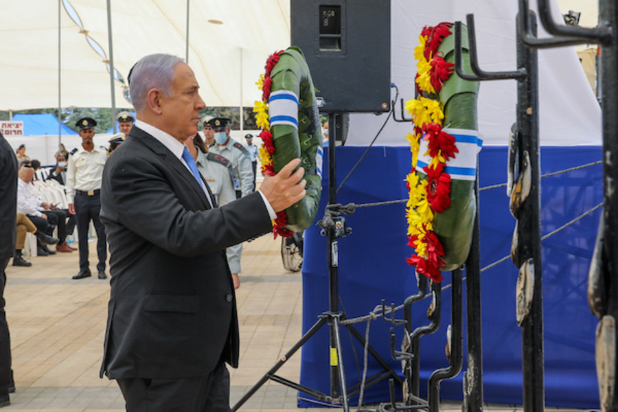 Prime Minister Benjamin Netanyahu attends a Memorial ceremony for Ethiopians who died on their way to Israel, at Mount Herzl, May 10, 2021. (Photo: Marc Israel Sellem/POOL)