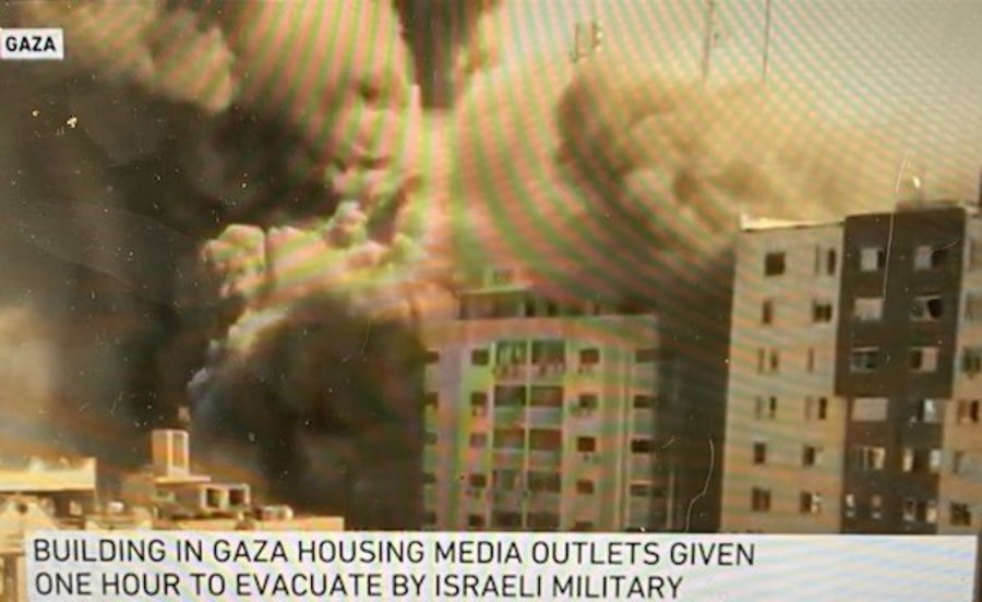 Coverage of IDF strike on Al Jazeera building in Gaza on May 15, 2021 (Photo: screenshot Twitter)