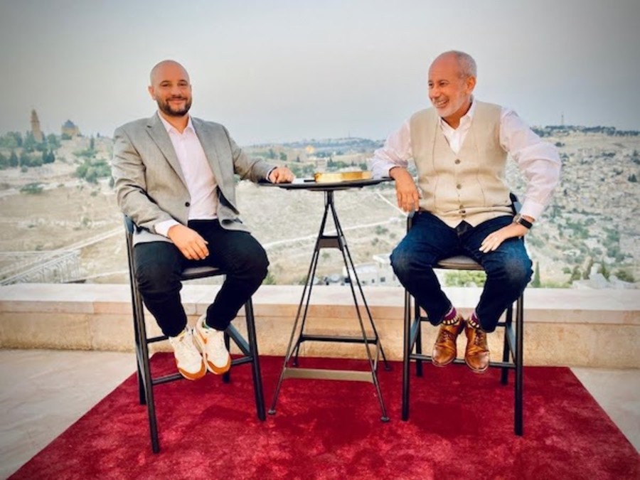 Mati Shoshani, director of operations for TBN Israel, and Samuel Smadja, director of TBN Israel and the Middle East and president of Sar-El Tours, on the set of TBN's upcoming "Insights" documentary series. (Photo: courtesy)