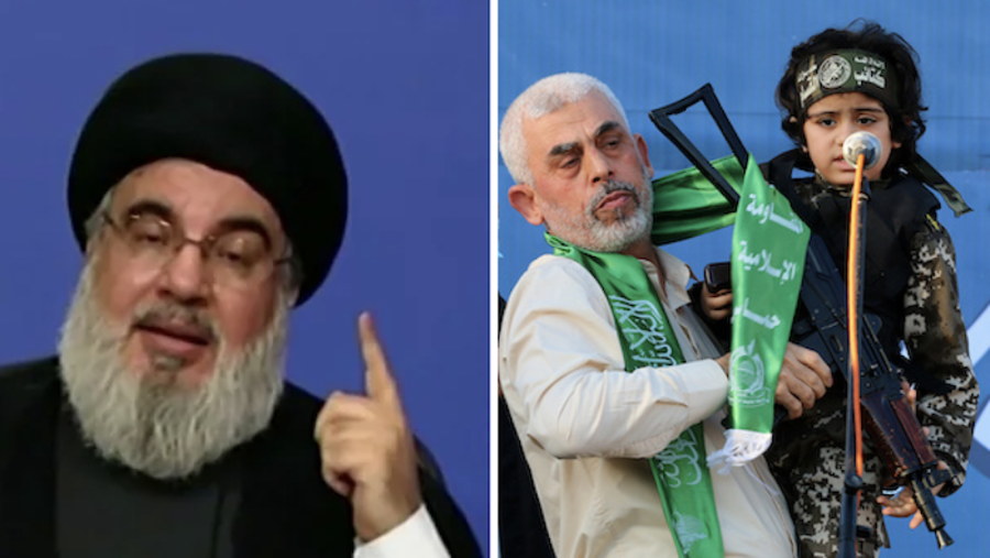 (L) Sheikh Hassan Nasrallah, leader of Lebanese terror group Hezbollah, in a video threatening Israel (Photo: screenshot), Yahya Sinwar, leader of the Palestinian Hamas movement, holds a child with a weapon on stage during a rally in Gaza City, on May 24, 2021. (Photo: Atia Mohammed/Flash90)