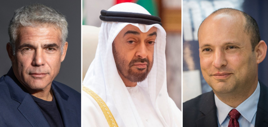 Opposition leader Yair Lapid, UAE's Mohammed bin Zayed and Naftali Bennett (Photos: Flash90)