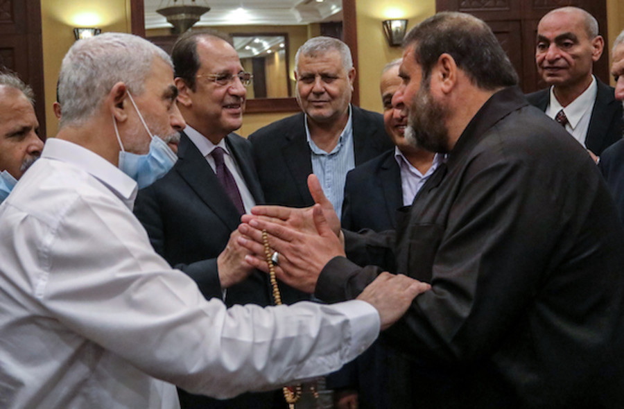Yahya Sinwar, Hamas' political chief in Gaza, meets with General Abbas Kamel, Egypt's intelligence chief, as Kamel arrives for a meeting with leaders of Hamas in Gaza City, May 31, 2021. (Photo: Abed Rahim Khatib/Flash90)