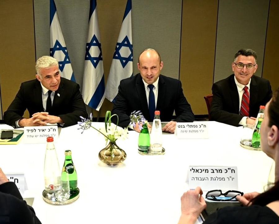(L-R) Yesh Atid leader Yair Lapid, Yamina chair Naftali Bennett and New Hope head Gideon Sa'ar at a meeting of the heads of the would-be-coalition in Tel Aviv, June 6, 2021. (Photo: Yesh Atid Twitter feed)