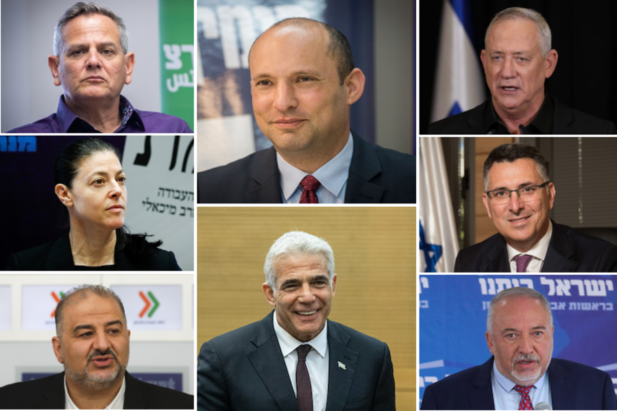 Party heads of the new coalition including (left column) Nitzan Horowitz, Meretz; Merav Michaeli, Labor; Mansour Abbas, Ra'am; (center column) Naftali Bennett, Yamina; Yair Lapid. Yesh Atid; (right column) Benny Gantz, Blue and White; Gideon Saar, New Hope; Avigdor Liberman, Yisrael Beytenu. (Photos: Flash90)