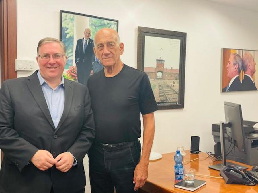 Joel C. Rosenberg and former Israeli Prime Minister Ehud Olmert (Photo: ALL ISRAEL NEWS)