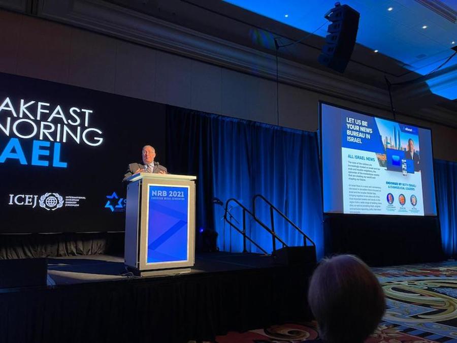 Joel C. Rosenberg speaks at the Honoring Israel Breakfast, during the National Religious Broadcasters convention in Texas, June 23, 2021. (Photo: courtesy)