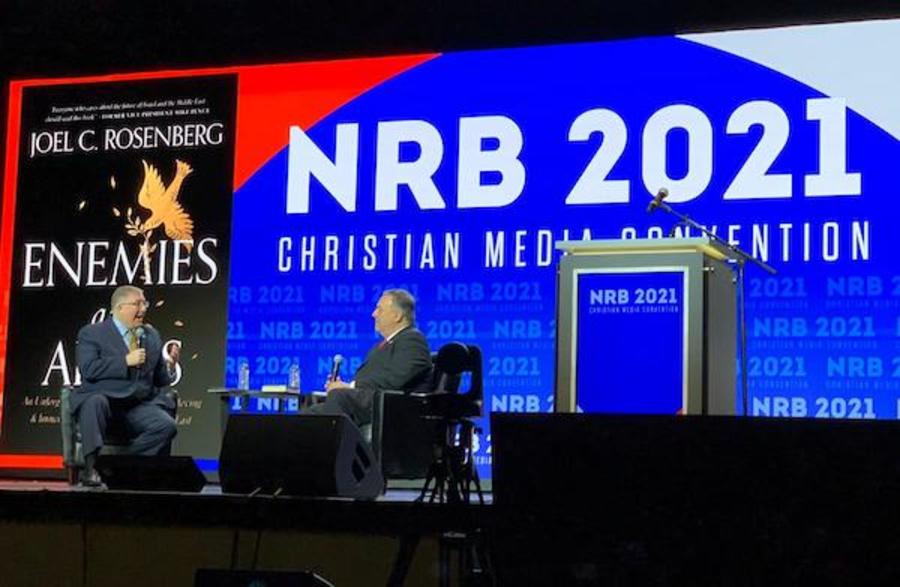 Joel C. Rosenberg announces the release of his nonfiction book, “Enemies and Allies,” during at the National Religious Broadcasters Convention during an interview with former Secretary of State Mike Pompeo, June 24, 2021. (Photo: courtesy)