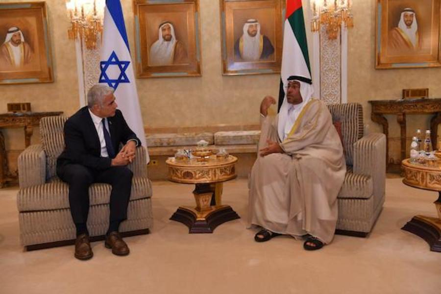 FM Yair Lapid meets with UAE Minister of State Ahmed Al Sayegh in Abu Dhabi, June 29, 2021 (Photo: Israel Ministry of Foreign Affairs/Twitter)